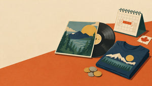 Retro illustration of a limited merch drop with a vinyl package, calendar and Canadian coins