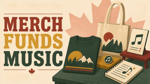 Retro illustration of merchandise sales helping a Canadian indie musician fund recording time