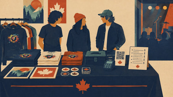 Stylized illustration of a Canadian indie band’s merch table at a small live venue