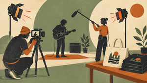 Illustration of an independent musician and a small crew making a music video
