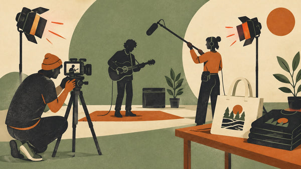 Illustration of an independent musician and a small crew making a music video