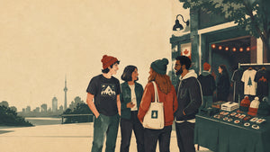 Stylized illustration of Canadian indie music fans connecting outside a small venue through band merchandise
