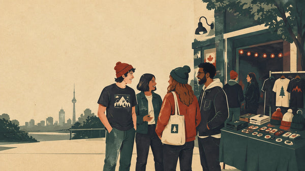 Stylized illustration of Canadian indie music fans connecting outside a small venue through band merchandise