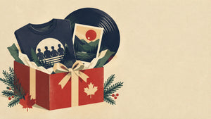 Retro illustration of a holiday gift box with indie music merchandise and a maple leaf