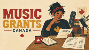 Retro illustration of an independent Canadian musician reviewing a music grant application and project budget