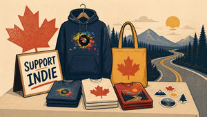 Retro illustration of a Canadian independent artist merchandise table