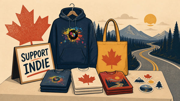 Retro illustration of a Canadian independent artist merchandise table
