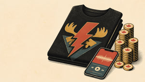 Retro illustration of a band T-shirt beside a smartphone showing music streams