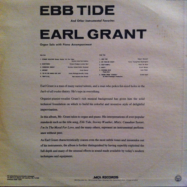 Earl Grant : Ebb Tide And Other Instrumental Favorites (LP, Album, RE)
