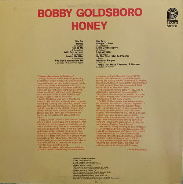 Bobby Goldsboro - Honey (LP, Album, RE) - Funky Moose Records 2827816618- Used Records