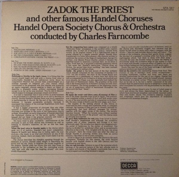 Handel*, Handel Opera Society Chorus* & Orchestra* Conducted By Charles Farncombe - Zadok The Priest And Other Famous Handel Choruses (LP, Album) - Funky Moose Records 2587449879-LOT007 Used Records