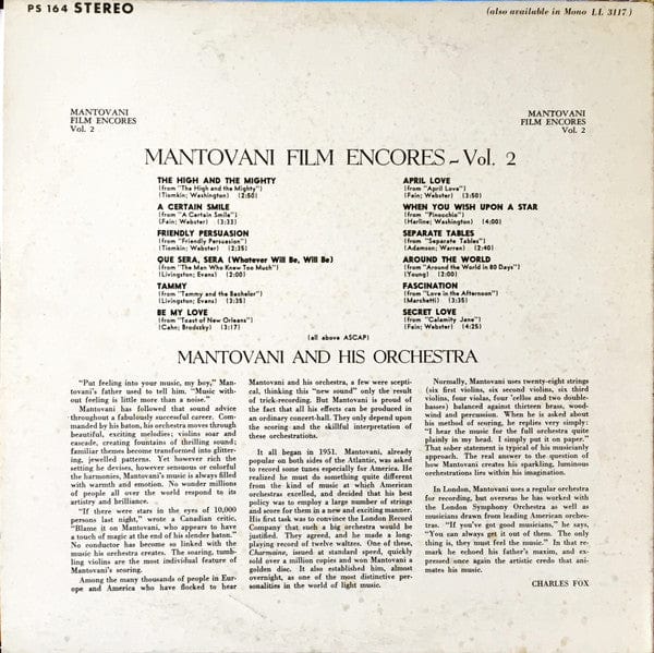 Mantovani And His Orchestra - Film Encores Vol. 2 (LP) - Funky Moose Records 2596835244-Lot007 Used Records
