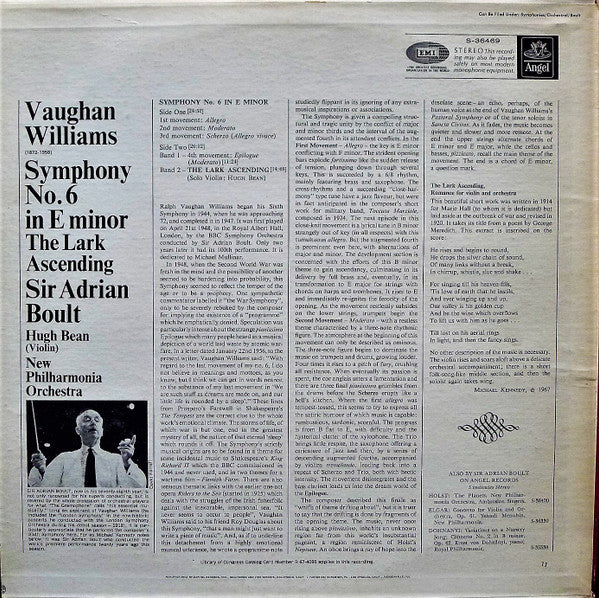 Vaughan Williams*, Sir Adrian Boult, The New Philharmonia Orchestra*, Hugh Bean : Symphony No. 6 In E Minor - The Lark Ascending (Romance For Violin And Orchestra) (LP, Album, RE)