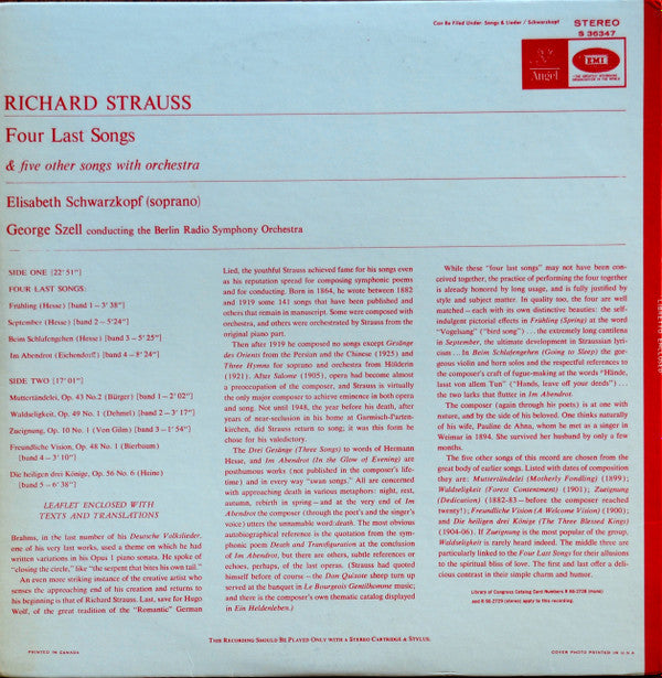 Richard Strauss / Elisabeth Schwarzkopf, George Szell, Berlin Radio Symphony Orchestra* : Four Last Songs (LP)