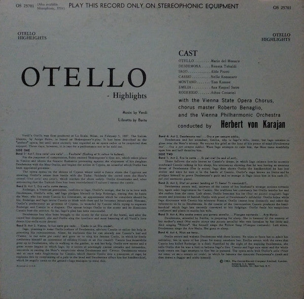 Herbert von Karajan, Giuseppe Verdi, The Chorus Of The Vienna State Opera*, Wiener Philharmoniker, Mario del Monaco : Otello Highlights (LP)