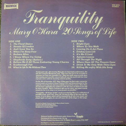 Mary O'Hara : Tranquility (20 Songs Of Life) (LP, Album)