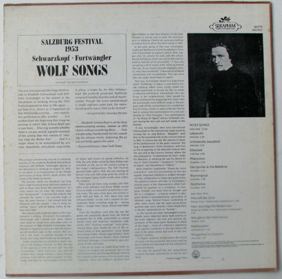 Schwarzkopf* - Furtwängler* : Salzburg Festival 1953 - Wolf Songs (LP, Album, Mono)