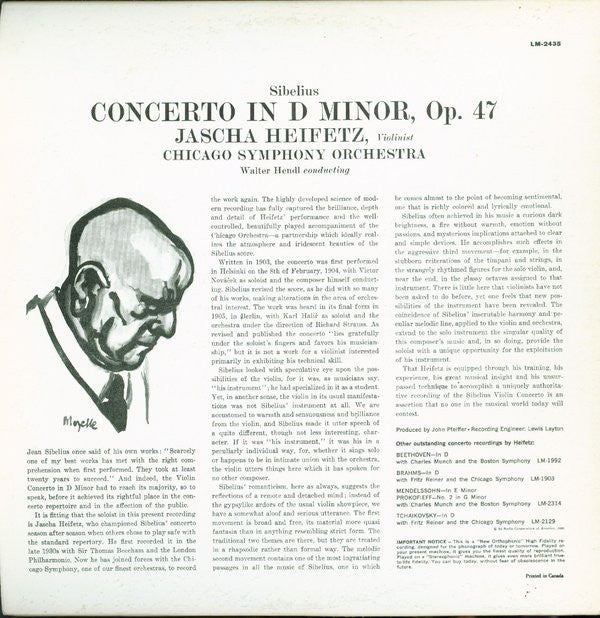 Heifetz* : Sibelius* / Chicago Symphony*, Walter Hendl : Violin Concerto (LP, Mono)