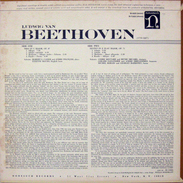 Ludwig van Beethoven : Trio In C Major, Op. 87 / Sextet In E Flat Major, Op. 71 (LP, Album, Mono)