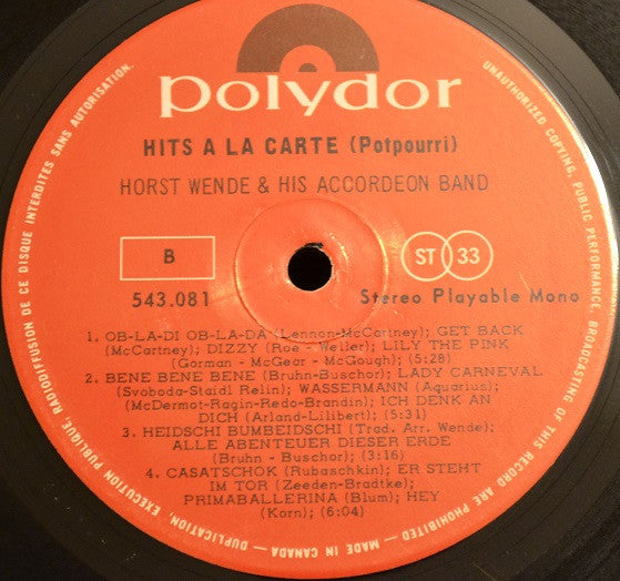 Horst Wende And His Accordeon Band* : Hits À La Carte (LP, Comp)