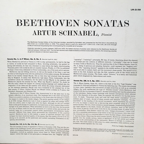 Artur Schnabel - Beethoven* : Sonatas No. 1 In F Minor, Op. 2, No. 1 / No. 10 In G, Op. 14, No. 2 / No. 28 In A, Op. 101 (LP, Mono, RE)