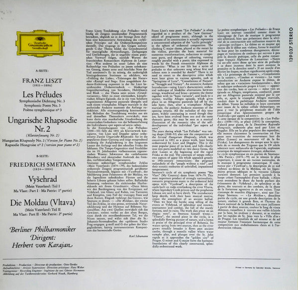 Liszt* / Smetana* - Berliner Philharmoniker, Herbert von Karajan : Les Préludes • Ungarische Rhapsodie Nr. 2 / Vyšehrad • Die Moldau (LP, RE)