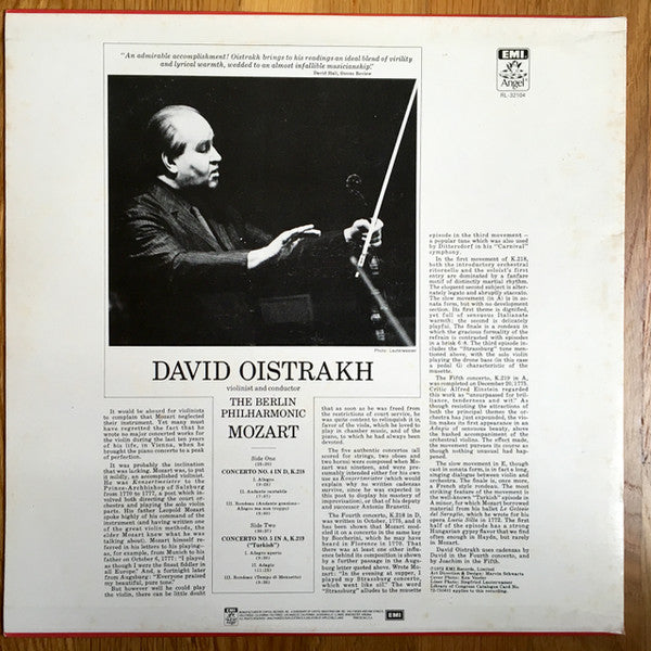 Mozart*, David Oistrakh*, The Berlin Philharmonic* : Violin Concerto No. 4, Violin Concerto No. 5 (LP, Album, RE)