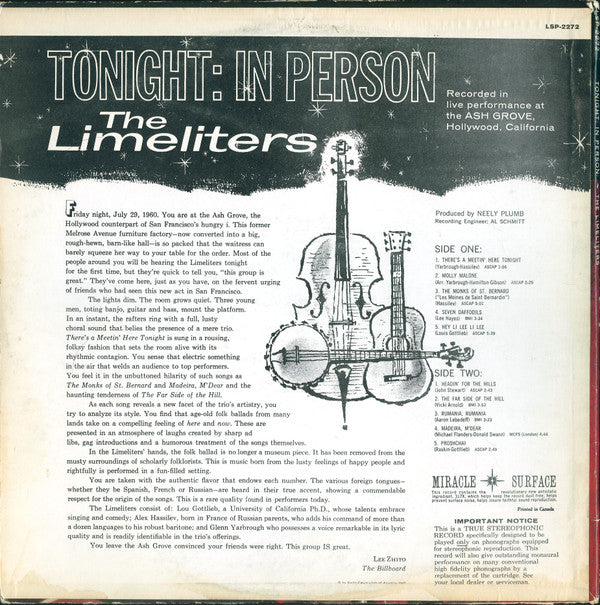 The Limeliters : Tonight: In Person (LP, Album)
